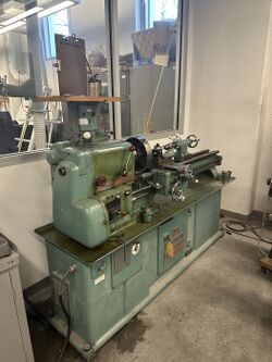 A photo of the Harrison lathe in the Instrument Shop.